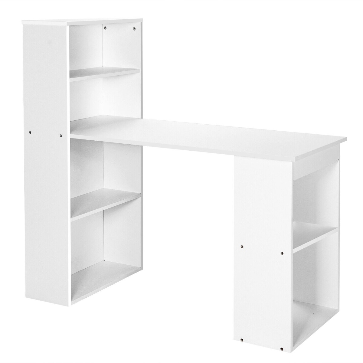 Modern 3-in-1 Wooden Computer Desk with 6-Tier Storage Bookshelves-White