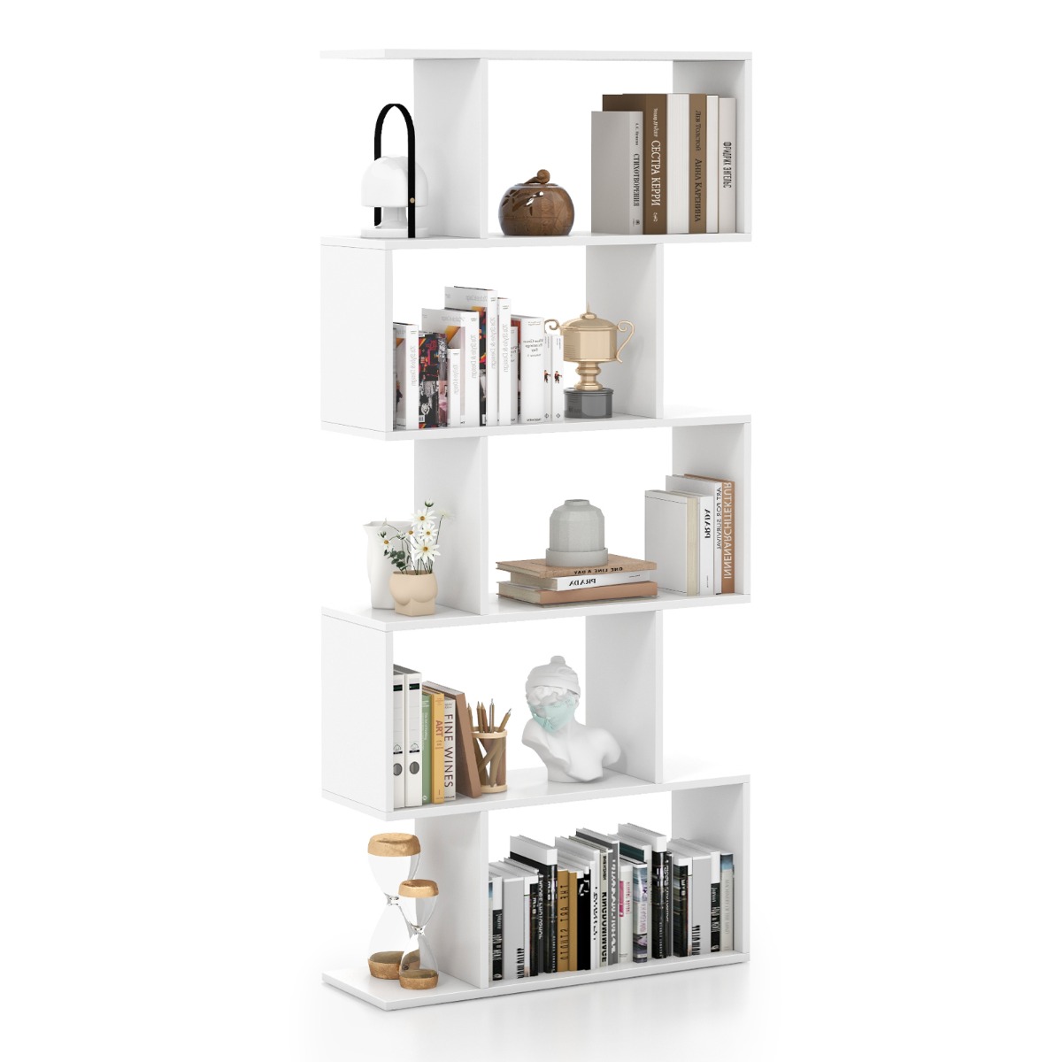 Geometric S-Shaped Bookcase with Anti-Toppling Device for Living Room Home Office-White