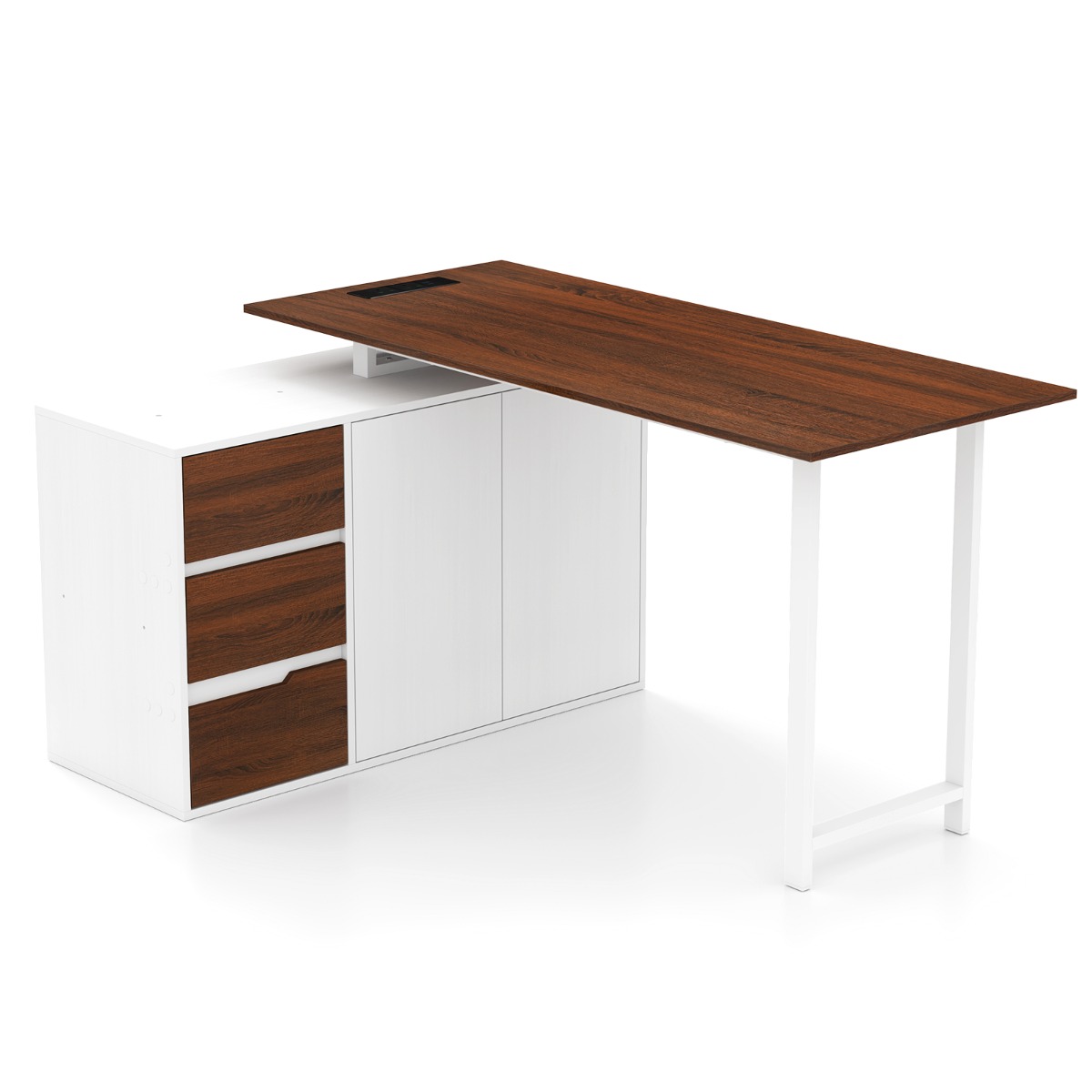 L-Shaped Desk with File Cabinet and Power Outlet-Natural and White