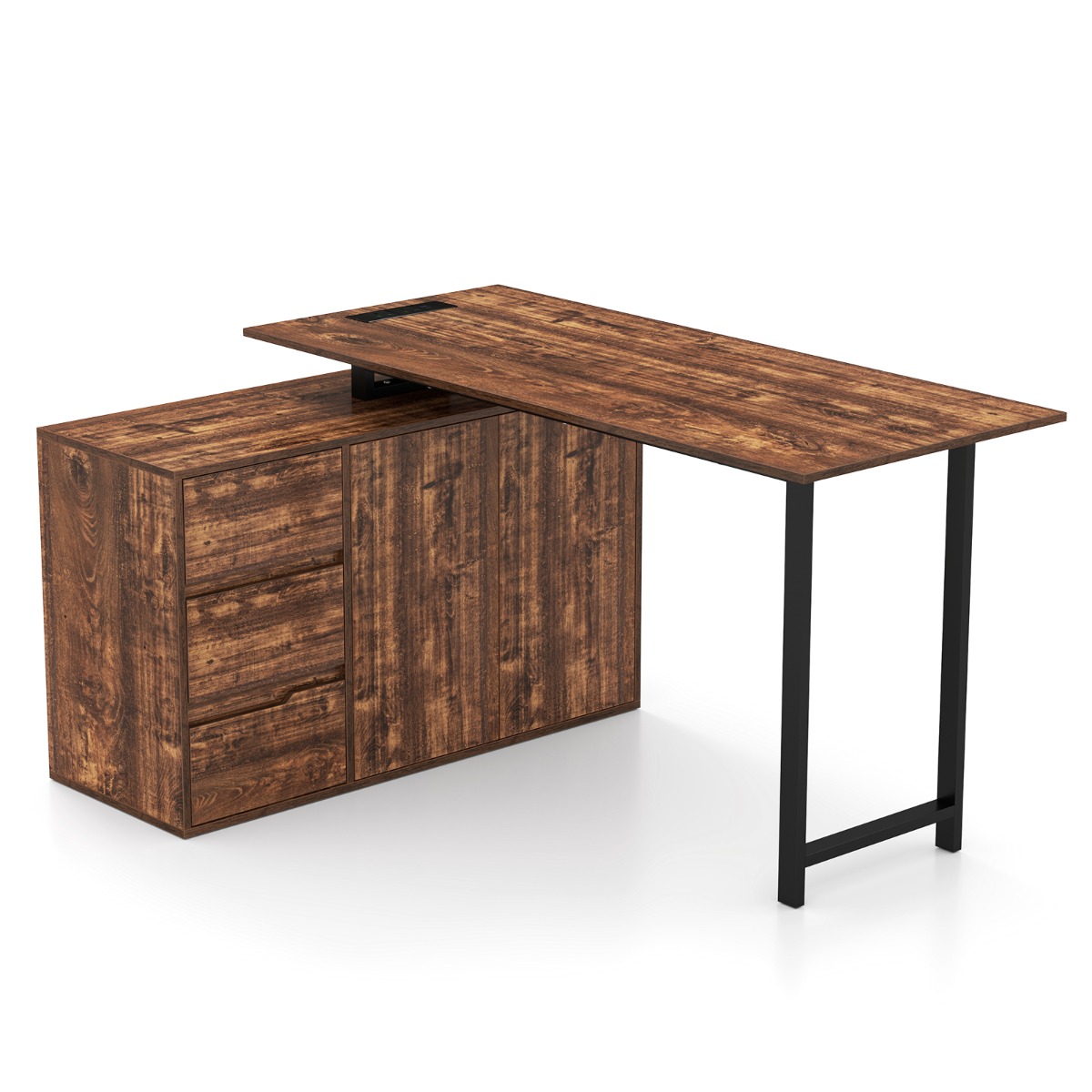 L-Shaped Desk with File Cabinet and Power Outlet-Black and Brown