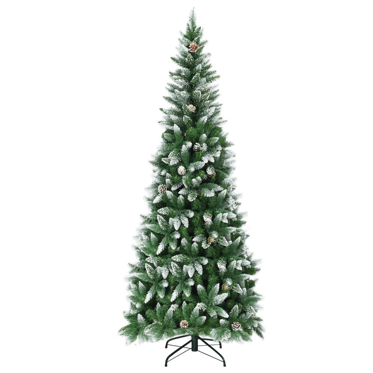 Snow-Flocked Pencil Hinged Artificial Christmas Tree with Pine Cones-7.5 FT