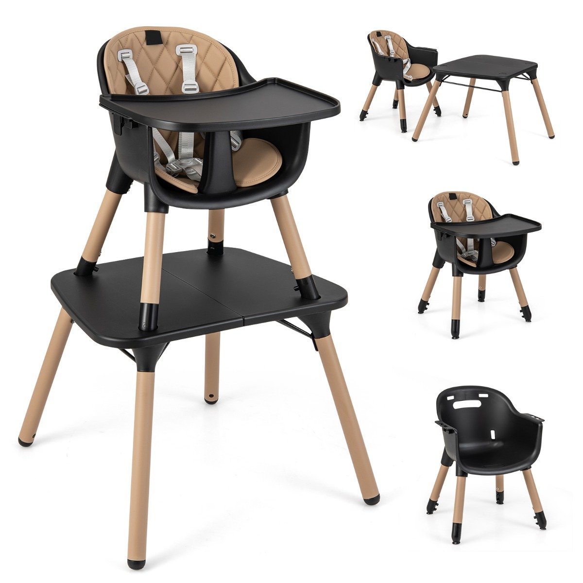 convertible Baby High Chair with 2-Position Removable Tray-Black