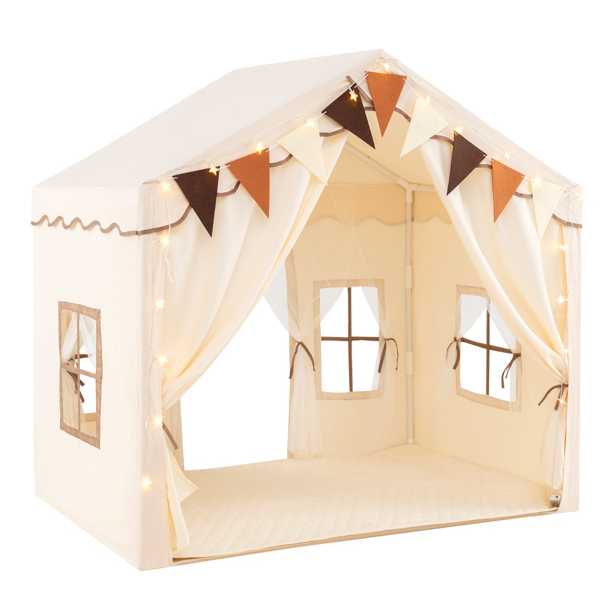 3-4 Kids Large Play Tent House with 2 Opening Doors  Star Lights and Plaid Pennants-Beige