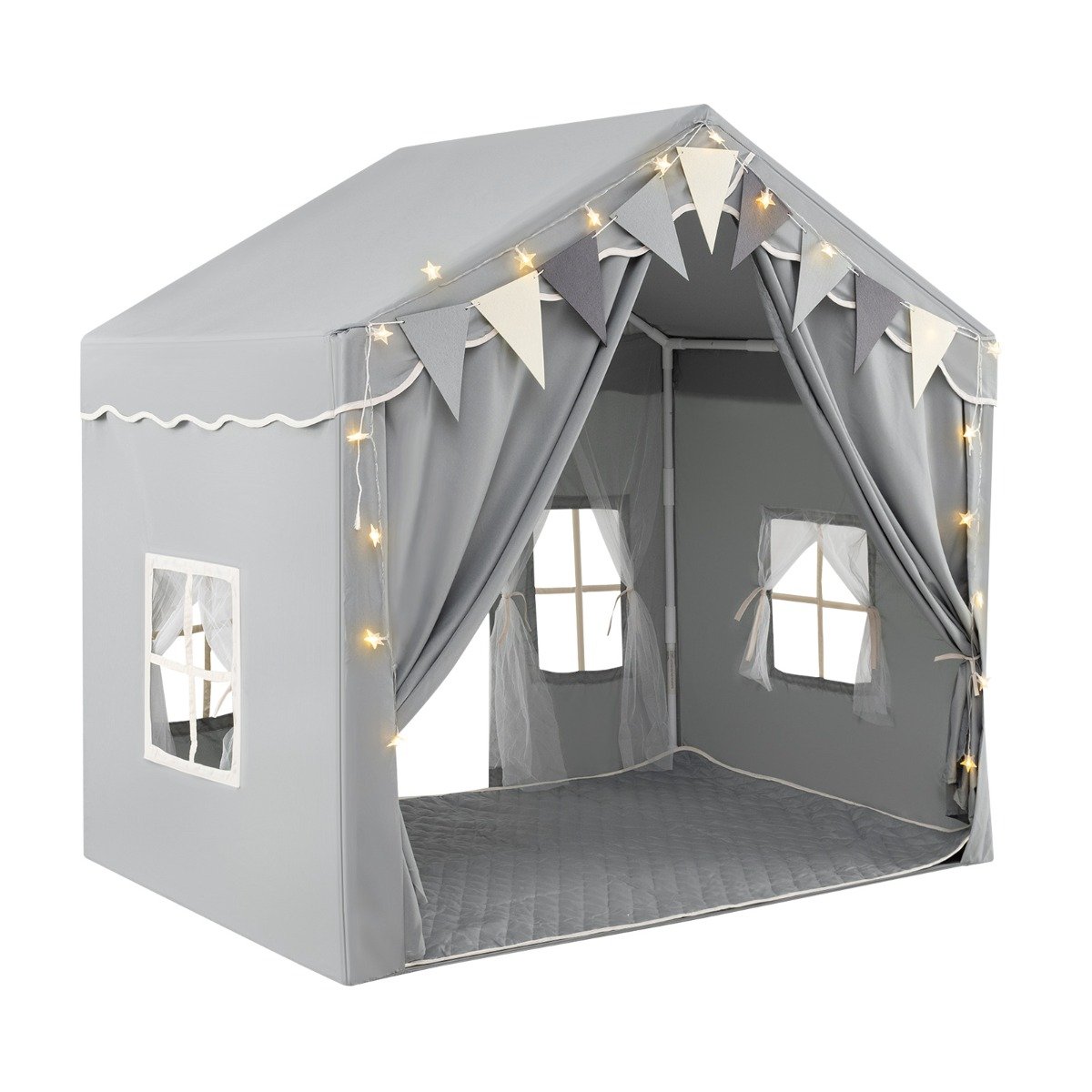 3-4 Kids Large Play Tent House with 2 Opening Doors  Star Lights and Plaid Pennants-Grey