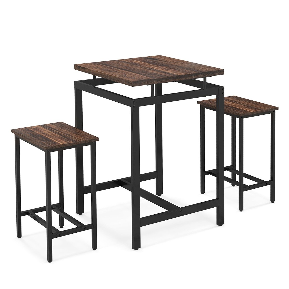 Counter Height Table and 2 Stools set with Floating Tabletop and Footrest for Small Space-Rustic Brown