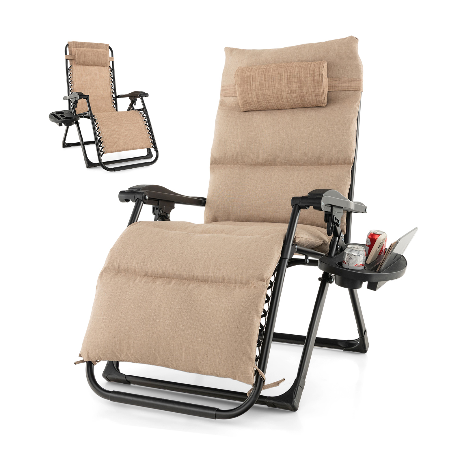 Adjustable Metal Zero Gravity Lounge Chair with Cup Holder Tray-Beige