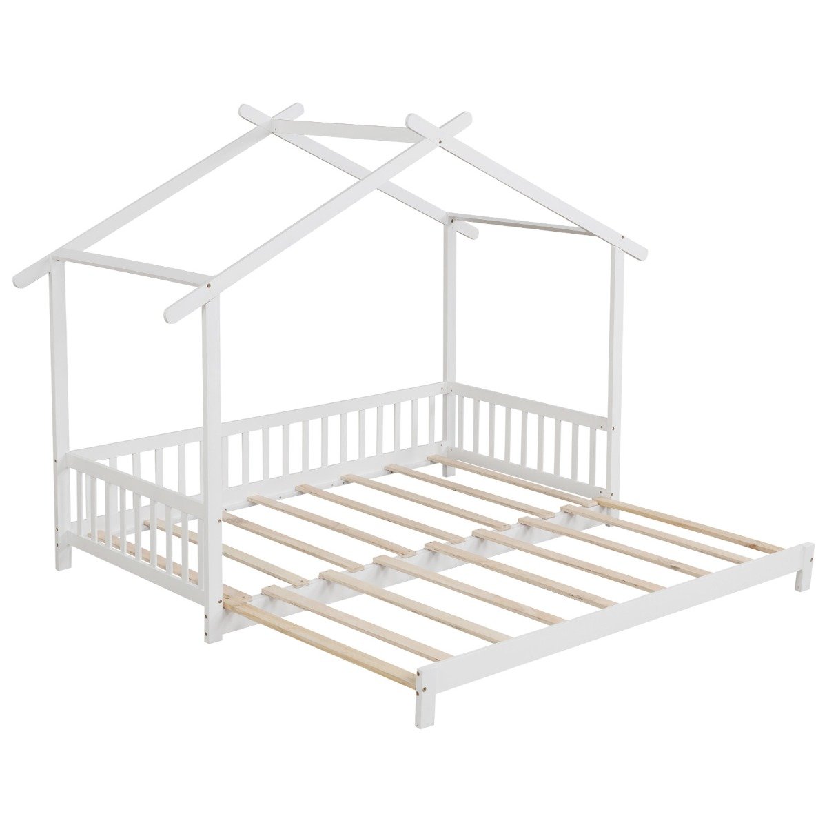 Single to Double Daybed with Safety Guardrail and Roof Frame1-White-Twin size