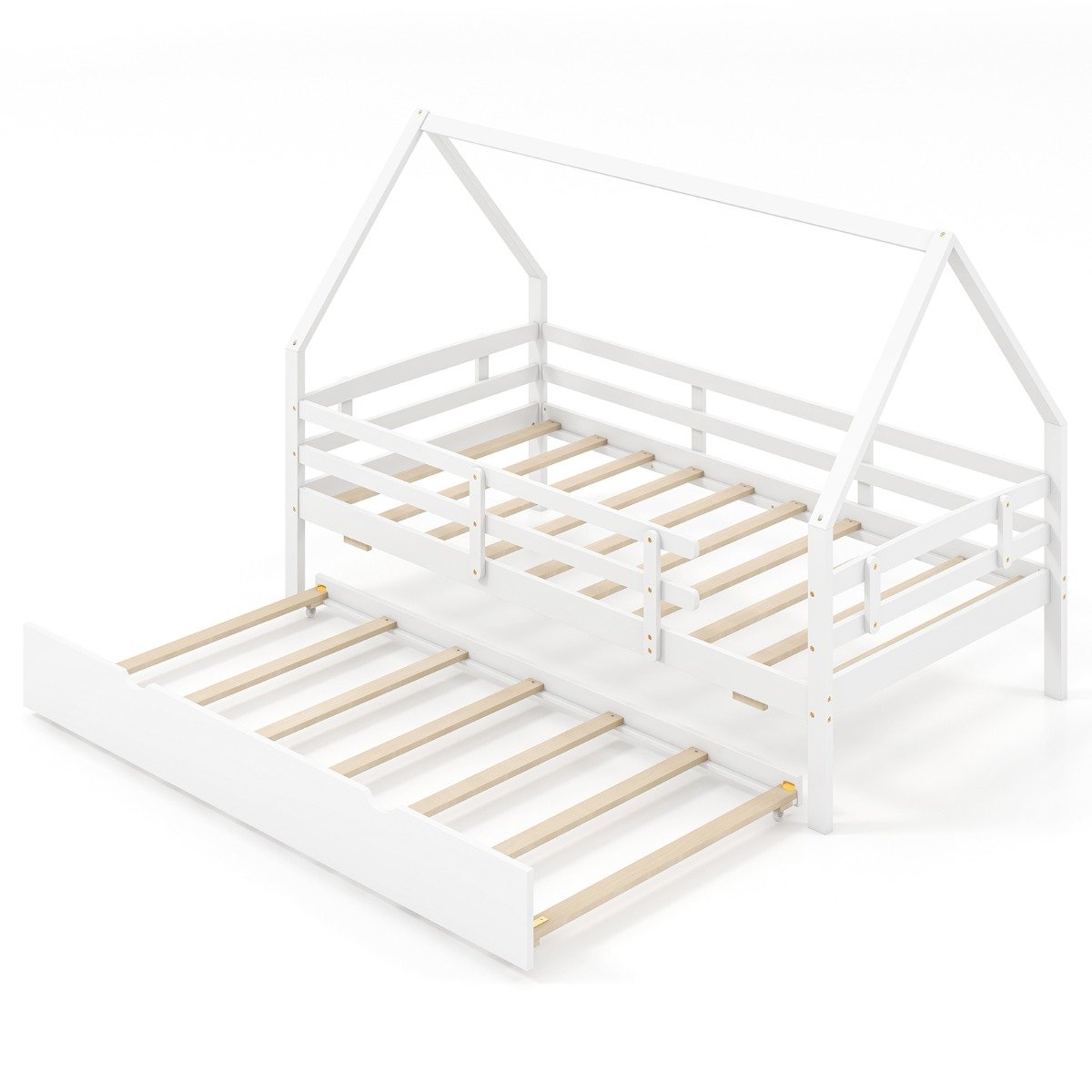 Kids House Bed with Trundle with Full Length Safety Guardrails and Roof-White-Twin size