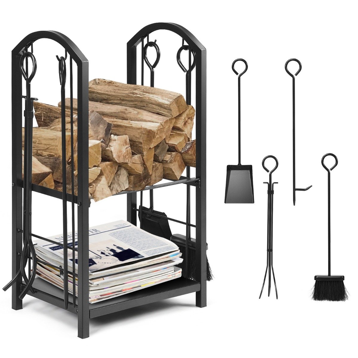 Firewood Log Rack with 4 Pieces Fireplace Tools-Black