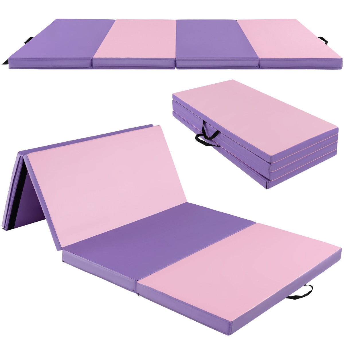 Folding Gymnastics Mat with Carry Handles Hook and Loop Fasteners-Pink & Purple