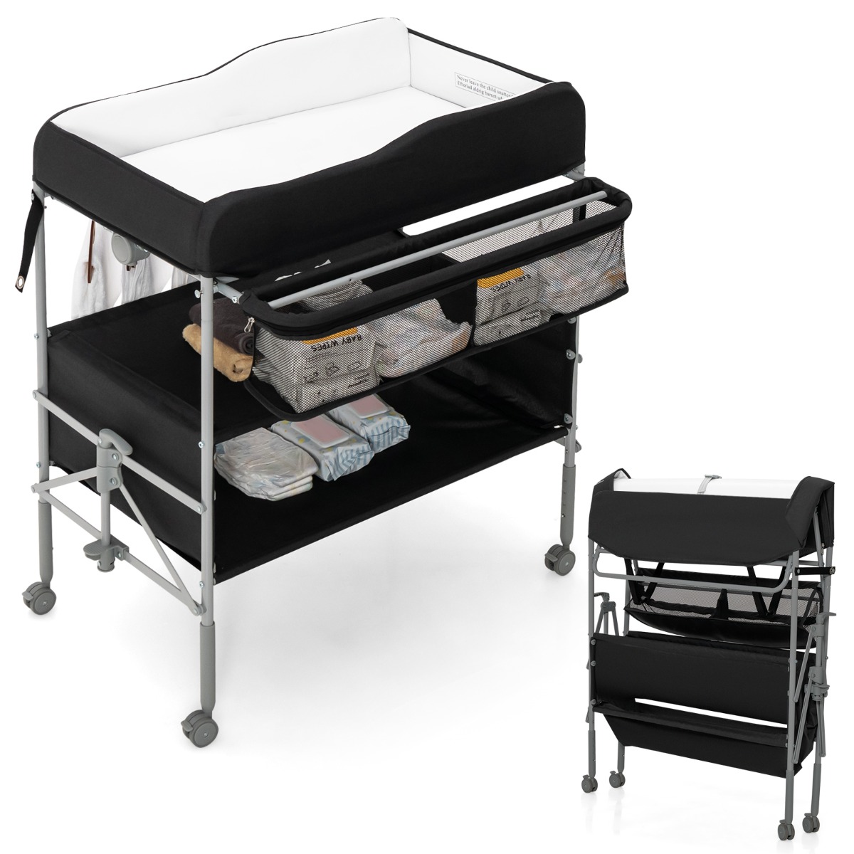 Folding Nursery Changing Table with Lockable Wheels and Storage Basket-Black