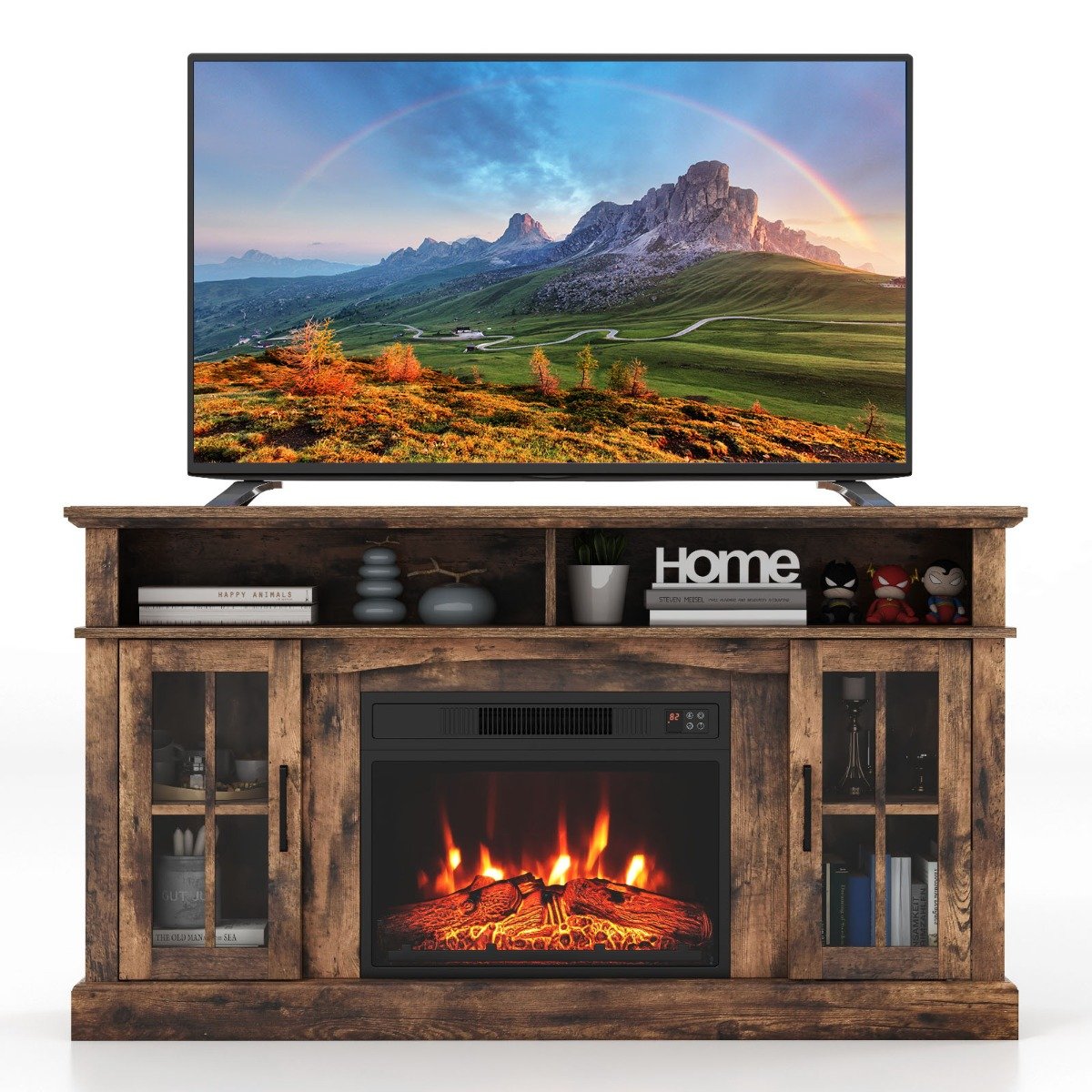 58 Inch Rustic Fireplace TV Stand with 2 Open Storage Compartments-Brown