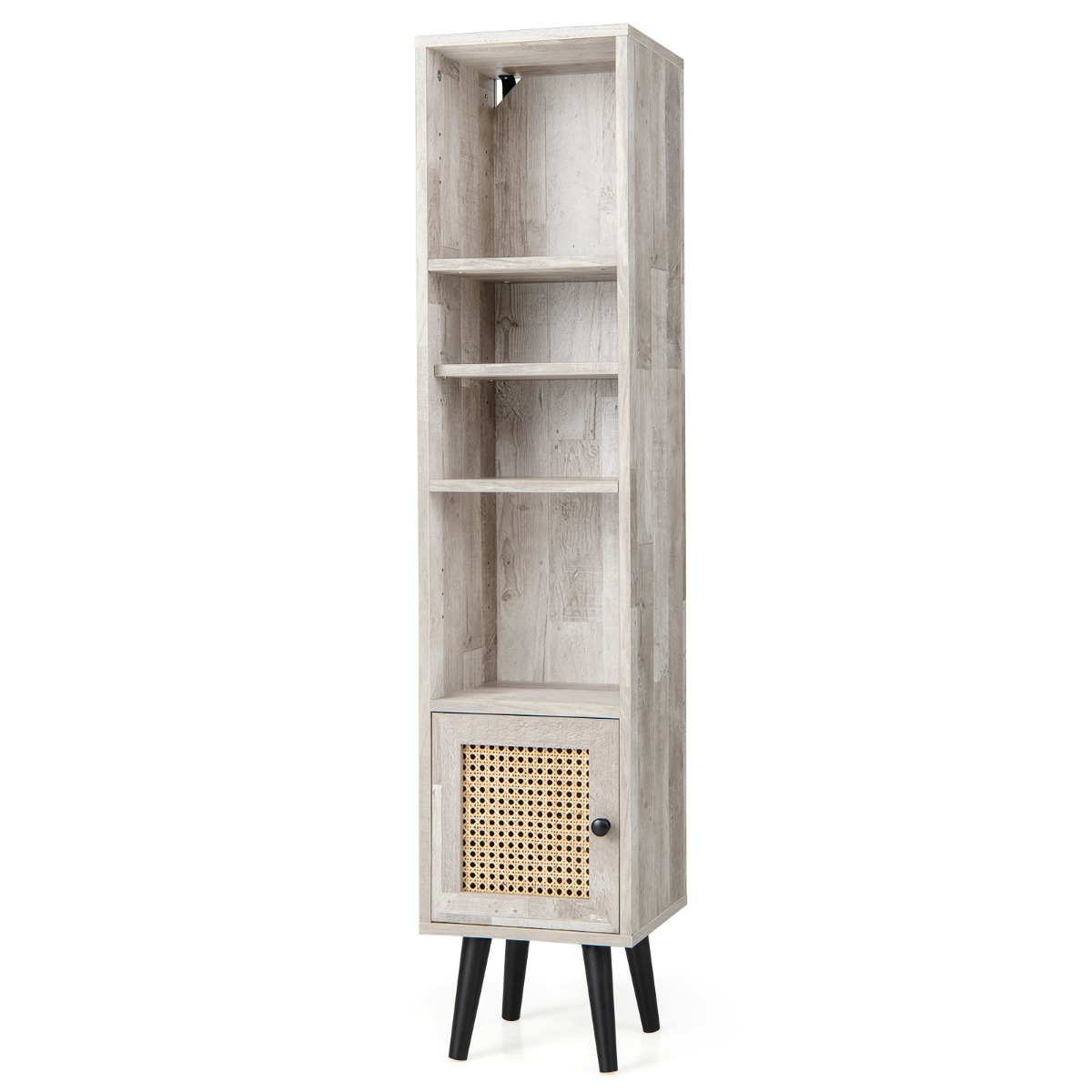 Freestanding Slim Cabinet with Rattan Door and Solid Wood Legs-Grey