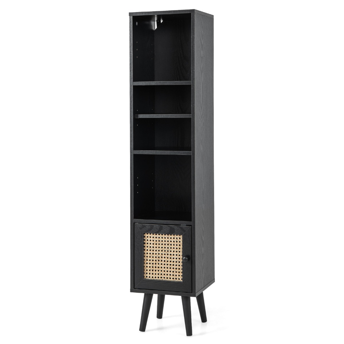 Freestanding Slim Cabinet with Rattan Door and Solid Wood Legs-Black