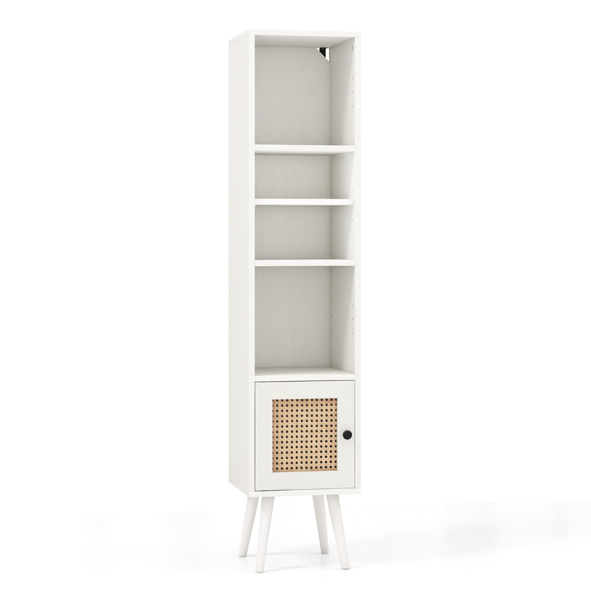 Freestanding Slim Cabinet with Rattan Door and Solid Wood Legs-White