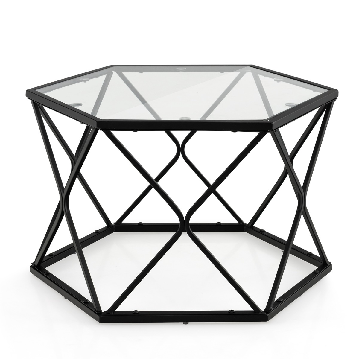 Modern Accent Geometric Glass Coffee Table with Solid Metal Frame-Black