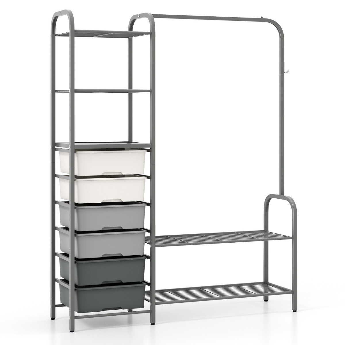 Heavy Duty Clothes Rack with 6 Removable Drawers and 3-Tier Open Shelves-Grey