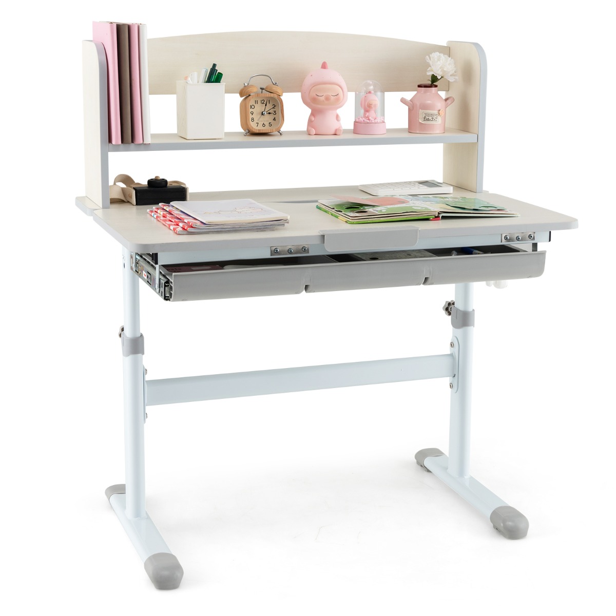 Height Adjustable Children Writing Table with Tilt Desktop and Hutch-Grey