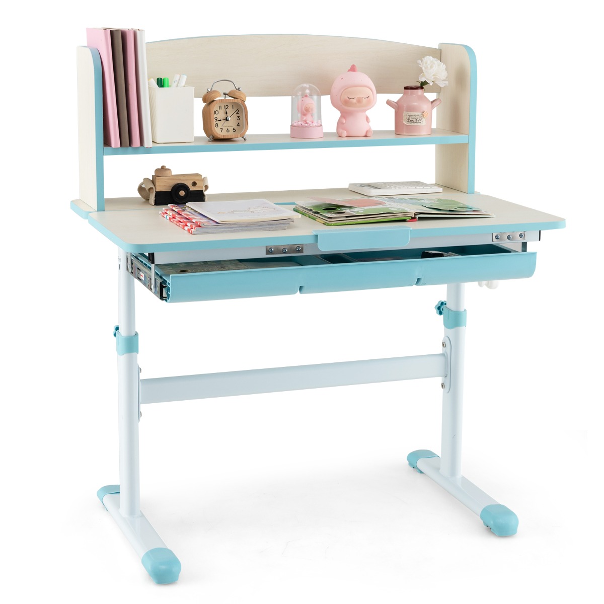 Height Adjustable Children Writing Table with Tilt Desktop and Hutch-Blue