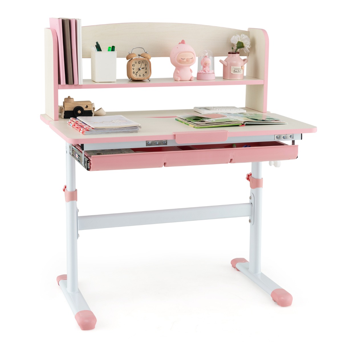 Height Adjustable Children Writing Table with Tilt Desktop and Hutch-Pink