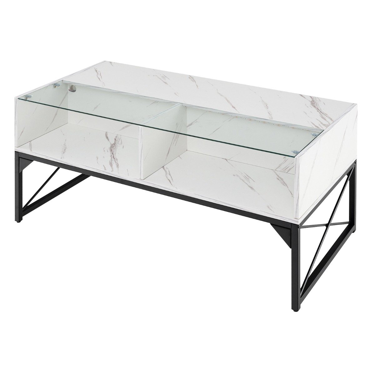 High-gloss LED Coffee Table with Faux Marble and Tempered Glass Top-White