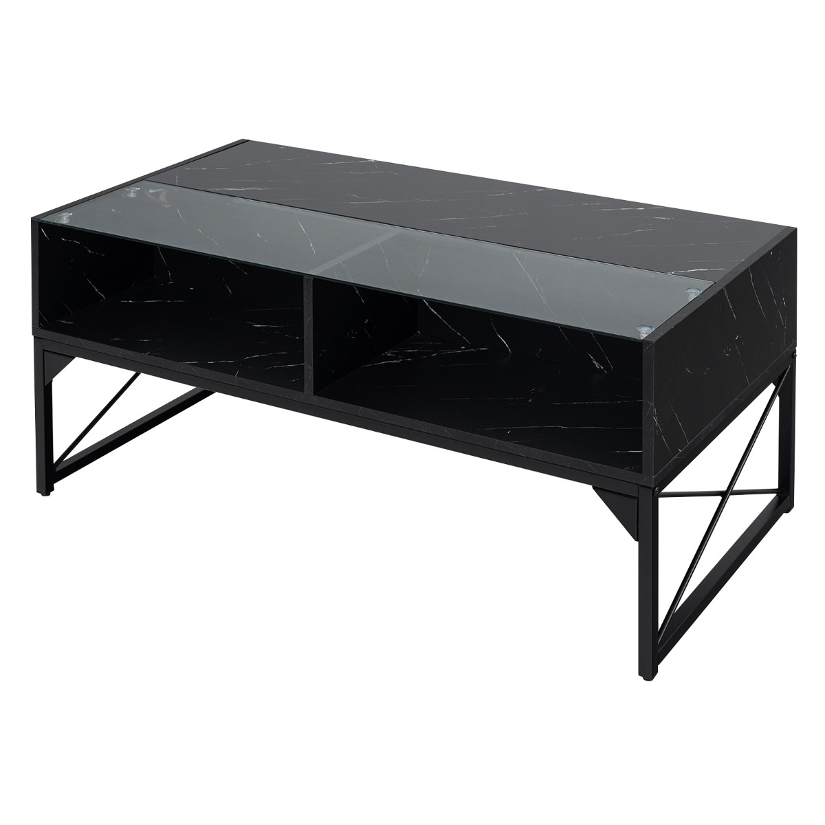 High-gloss LED Coffee Table with Faux Marble and Tempered Glass Top-Black