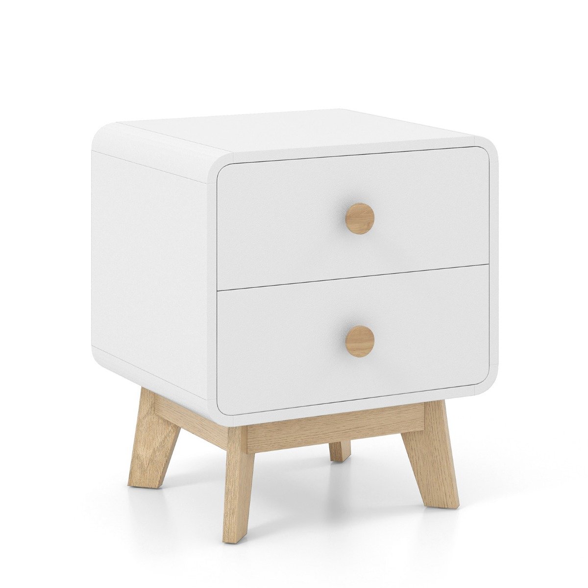 Home Modern Style 2-Drawer Bedside Sofa Side Table with Solid Rubber Wood Legs-White