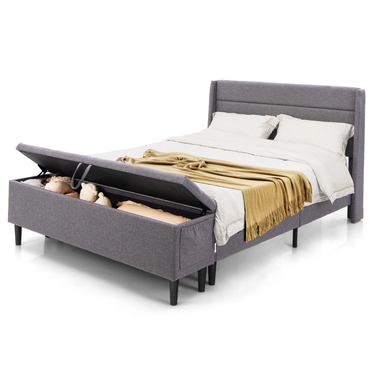 Upholstered King Bed Frame with Ottoman Bench and Headboard-Grey