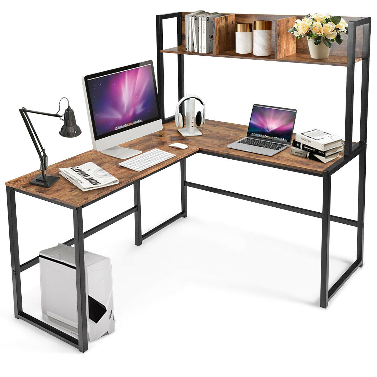 L-Shaped Corner Computer Desk with Storage Bookshelf-Brown