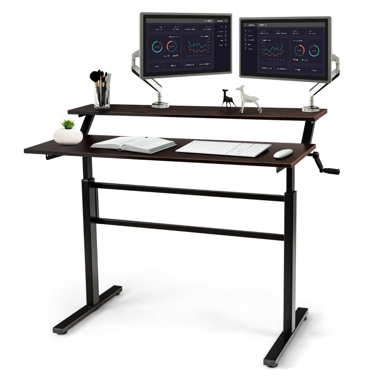 2-Tier Height Adjustable Standing Desk with Crank Handle-Coffee