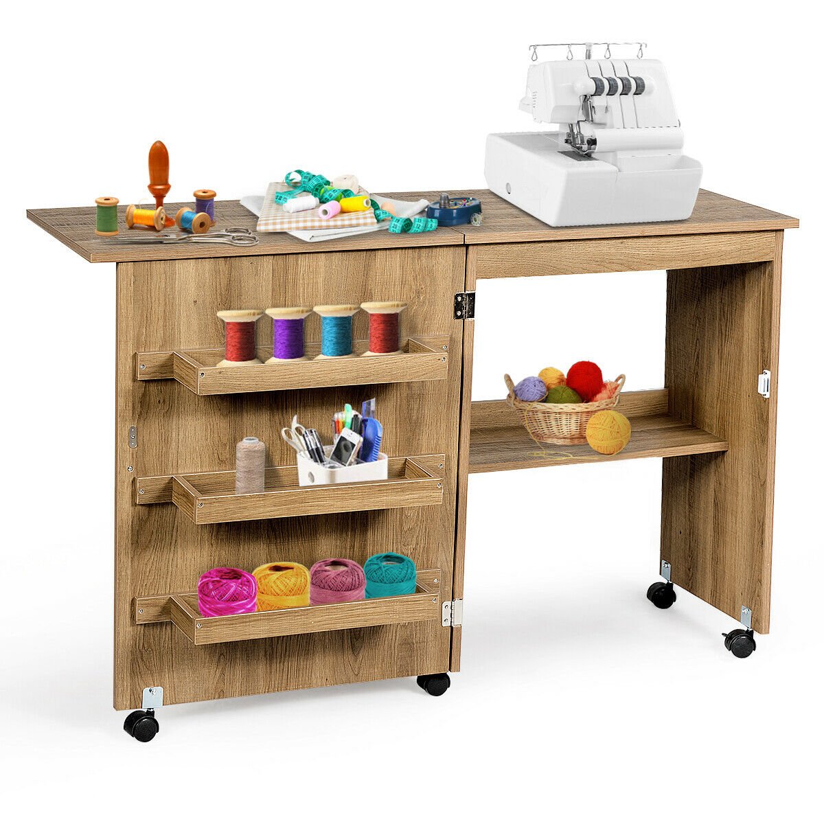 Folding Sewing Table with Storage Shelves and Lockable Casters-Natural