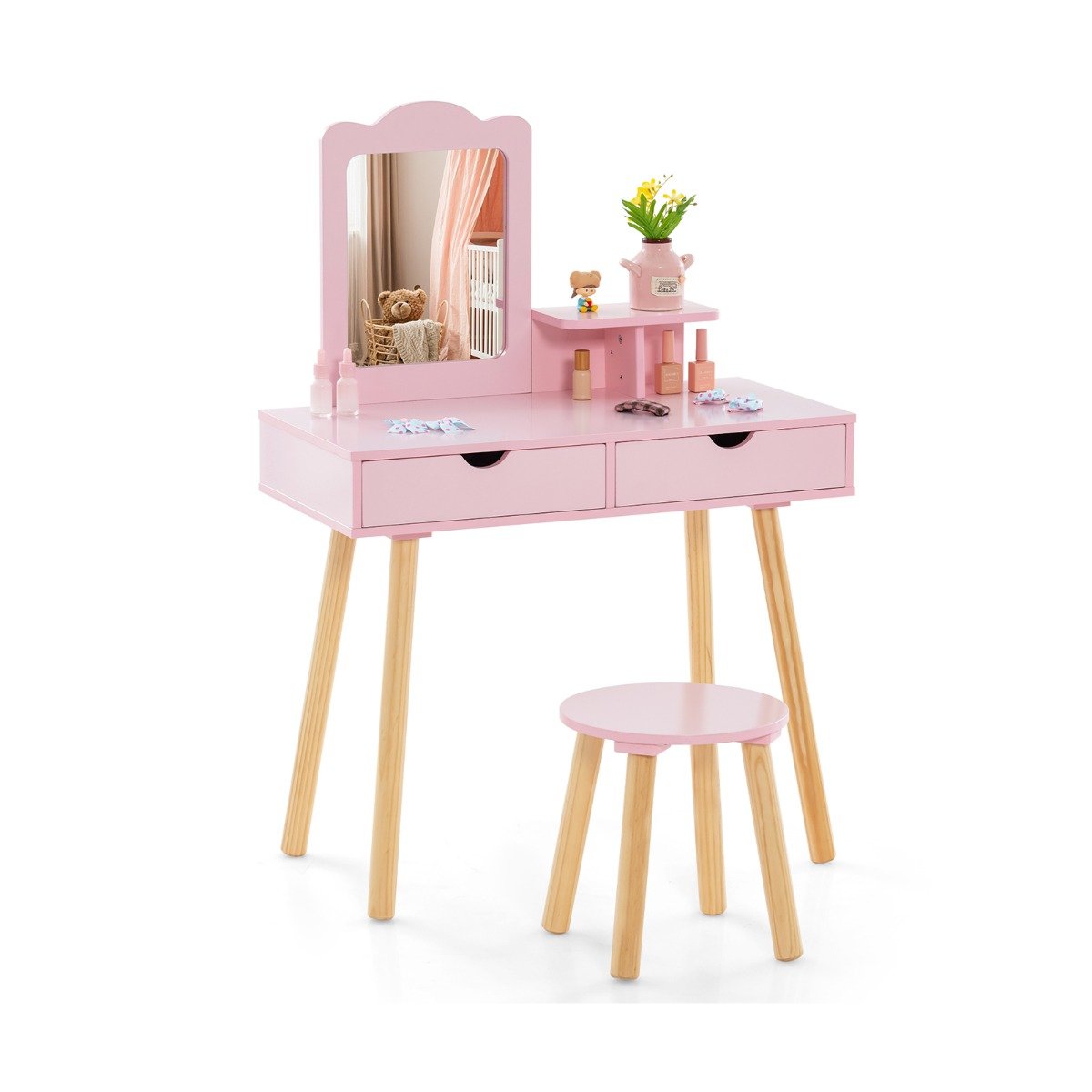 Kids Vanity Table and Stool Set with Square Mirror and Storage Shelf-Pink