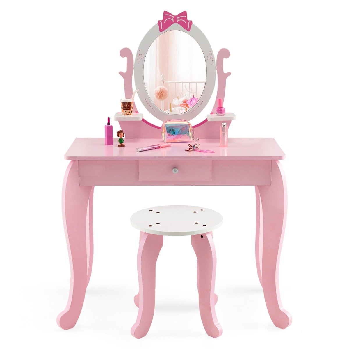 2 in 1 Kids Vanity Table with Stool and 360° Rotating Mirror-Pink & White