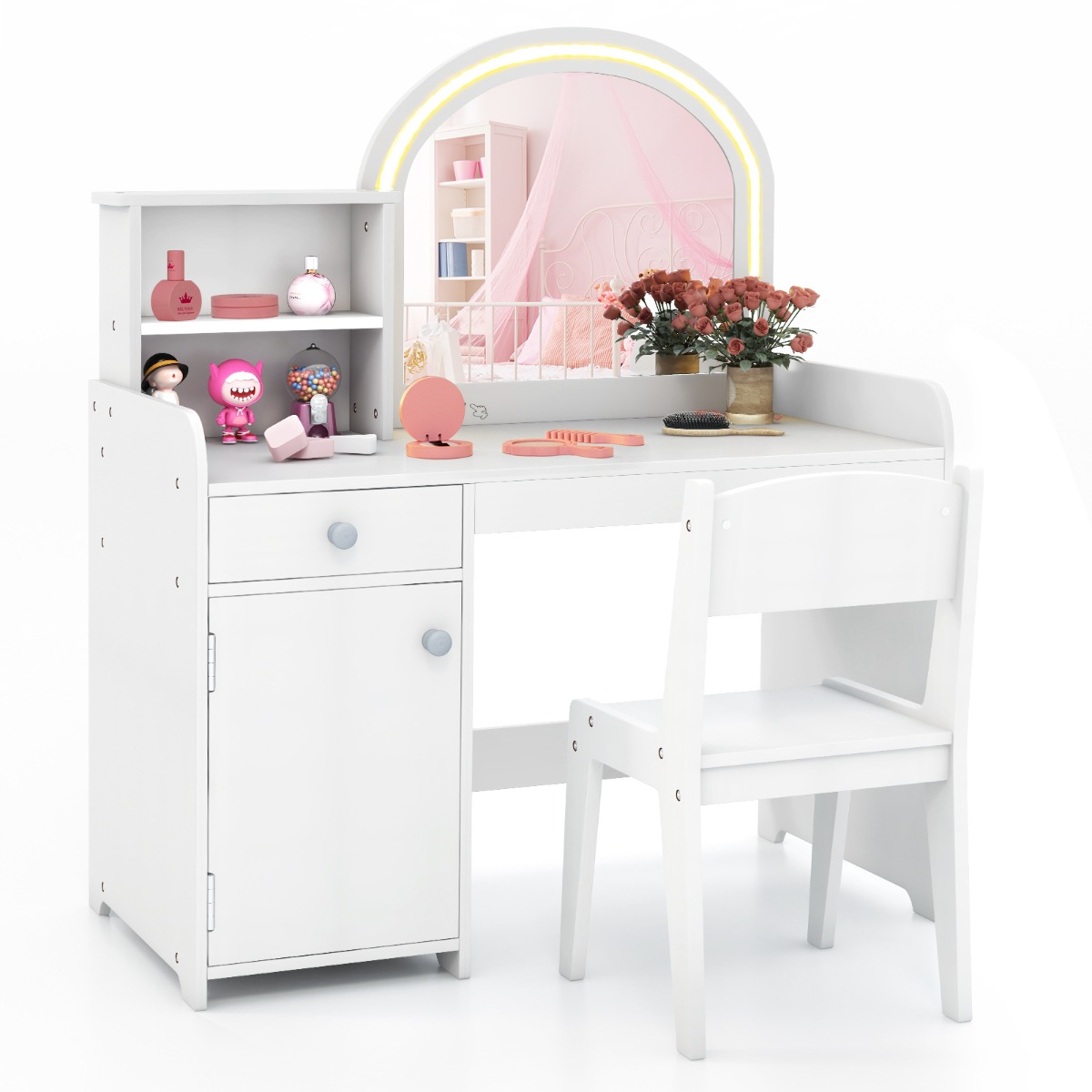 Kids Vanity Table and Chair Set with Shelves Drawer and Cabinet-White