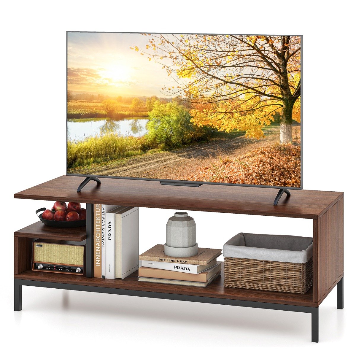 Industrial TV Stand for TVs up to 120 CM with Open Storage Shelves-Walnut