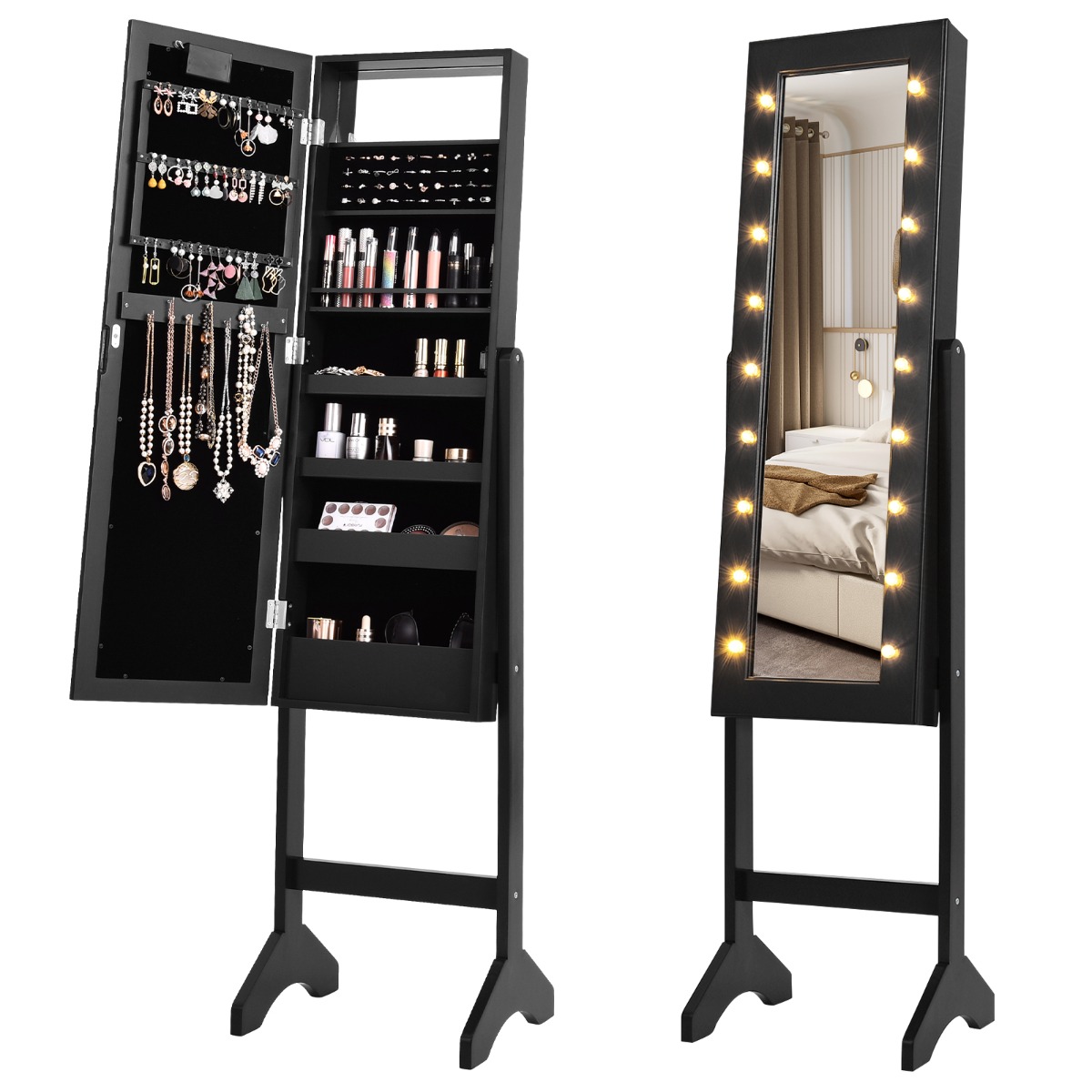 Standing Jewellery Organiser Cabinet with Adjustable Mirror 18 LEDs-Black