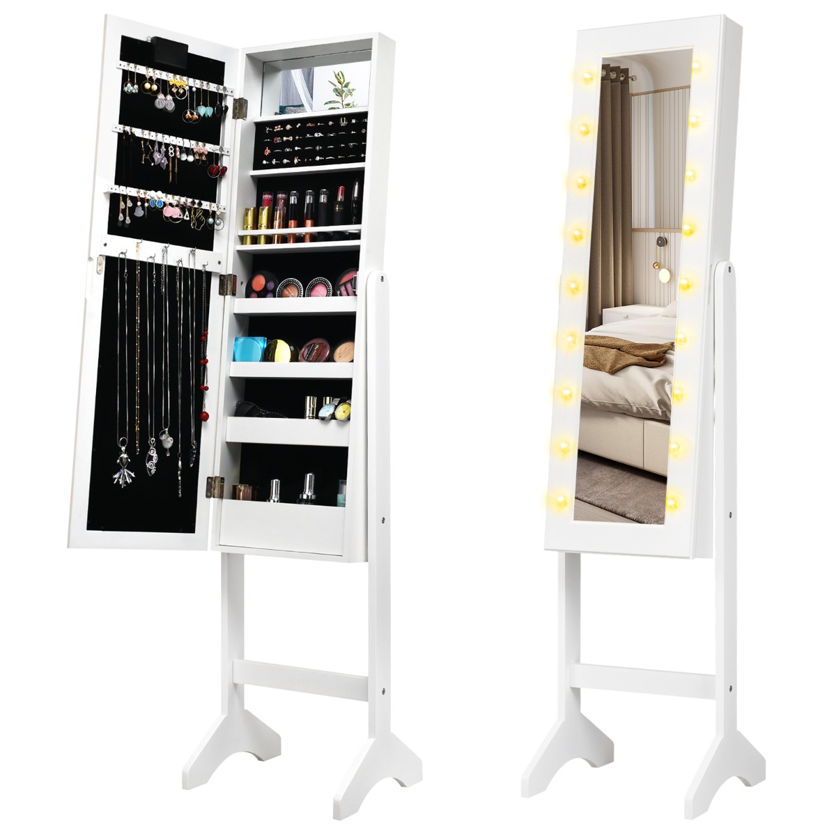 Standing Jewellery Organiser Cabinet with Adjustable Mirror 18 LEDs-White