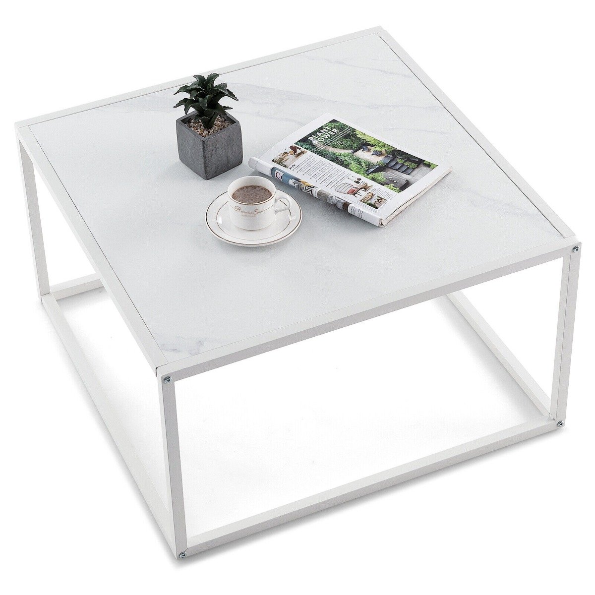 Modern Square Leisure Coffee Table  with Faux Marble Tabletop-White