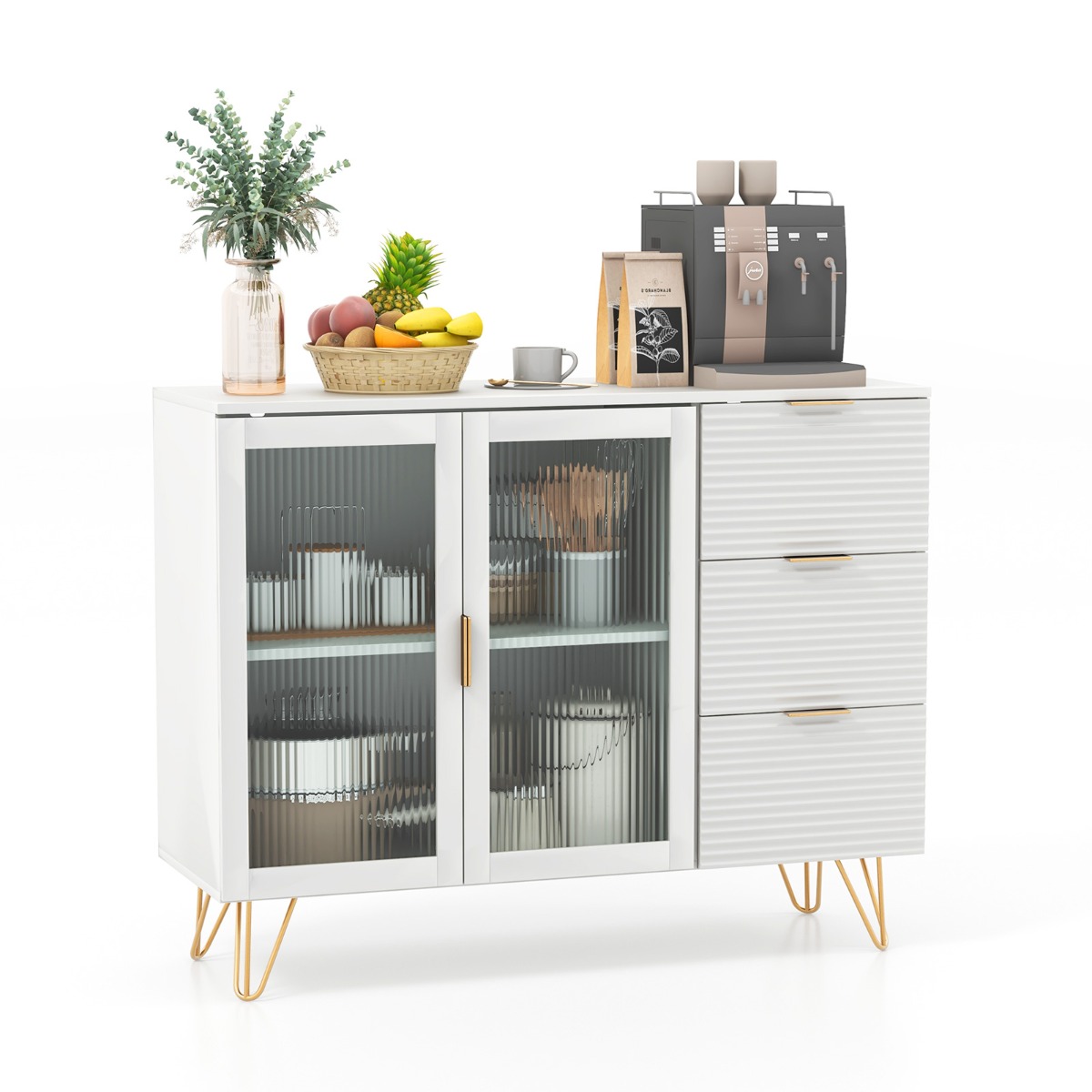 Modern Sideboard Storage Cabinet with 2 Glass Doors and 3 Drawers-White