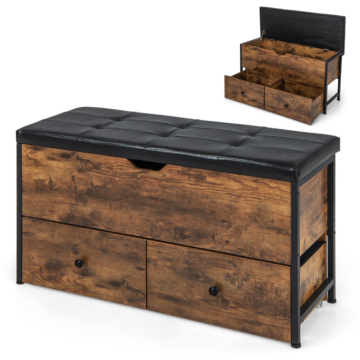 Storage Ottoman Bench with Padded Seat Cushion and 2 Drawers-Rustic brown