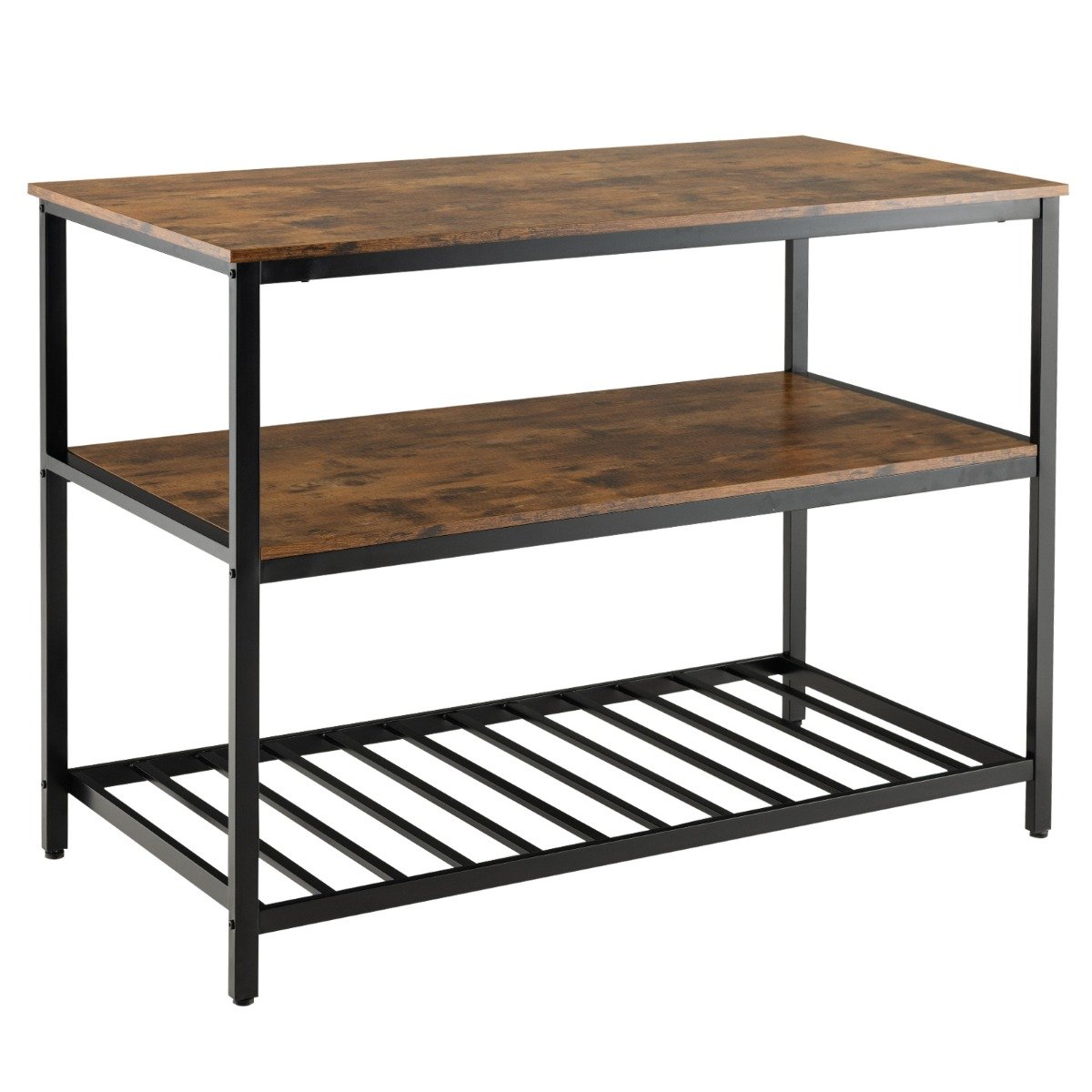 3-Tier Kitchen Shelf with Large Worktop and Metal Frame and Adjustable Pads-Rustic Brown