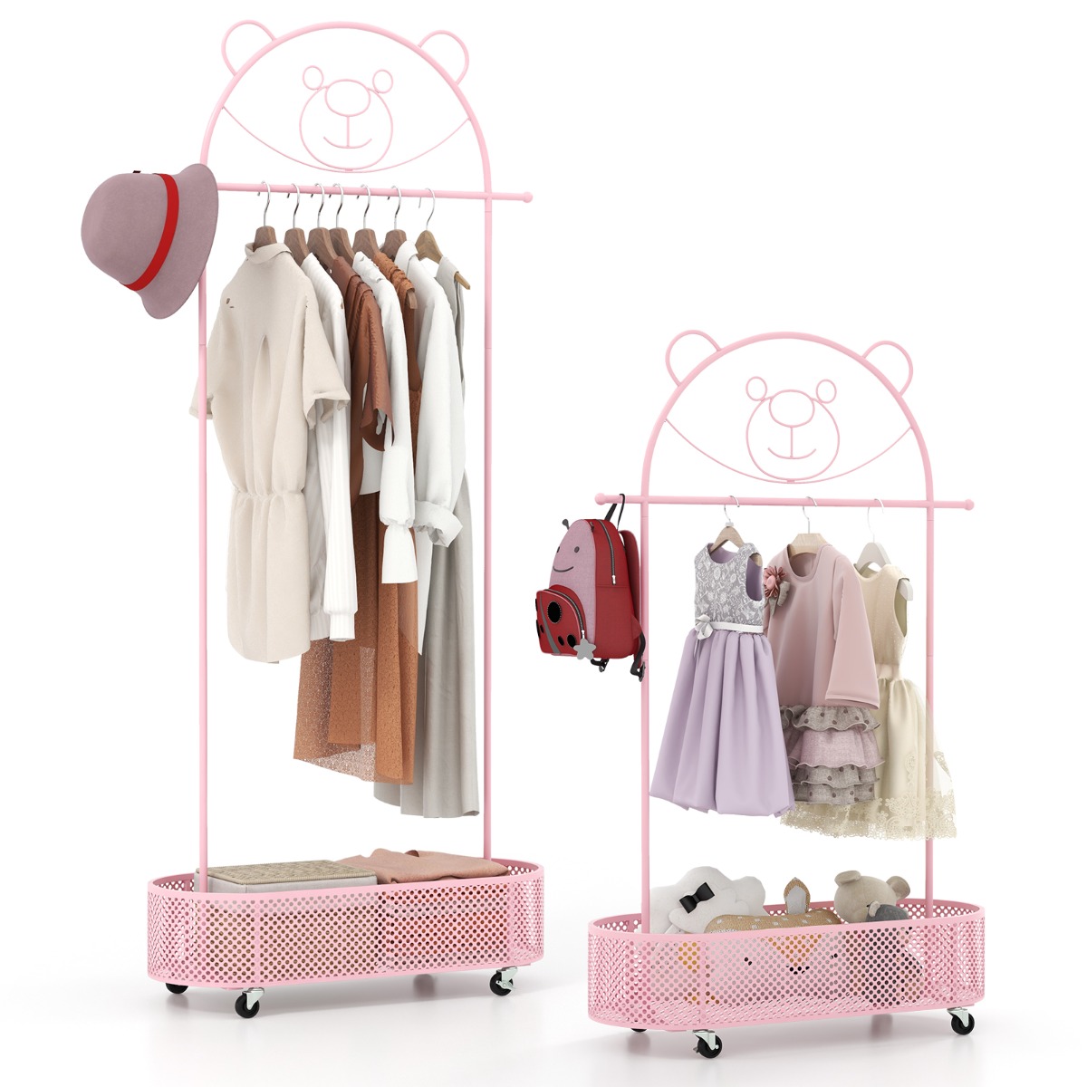 Kid Clothes Rack with 3 Adjustable Heights for Children Adults-Pink