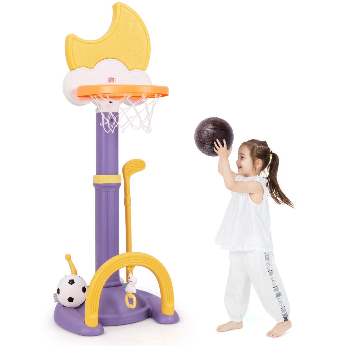 4-In-1 Kids Basketball Hoop with Adjustable Height for Kids-Yellow