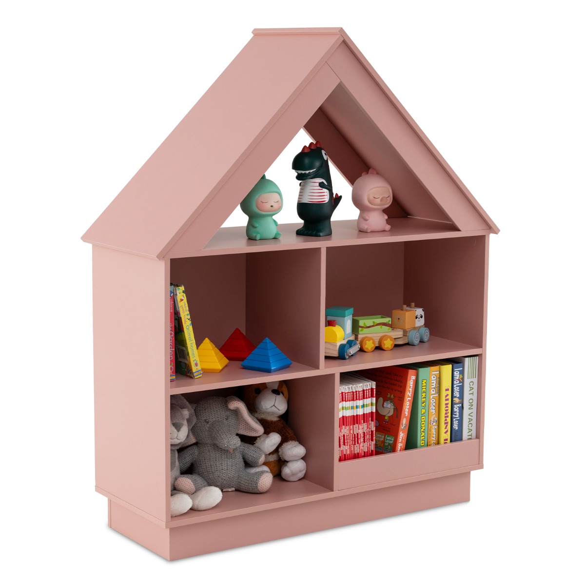 Kids Dollhouse Bookshelf with Anti-toppling Devices and 3-Tier Open Display Shelf for Toddlers-Pink