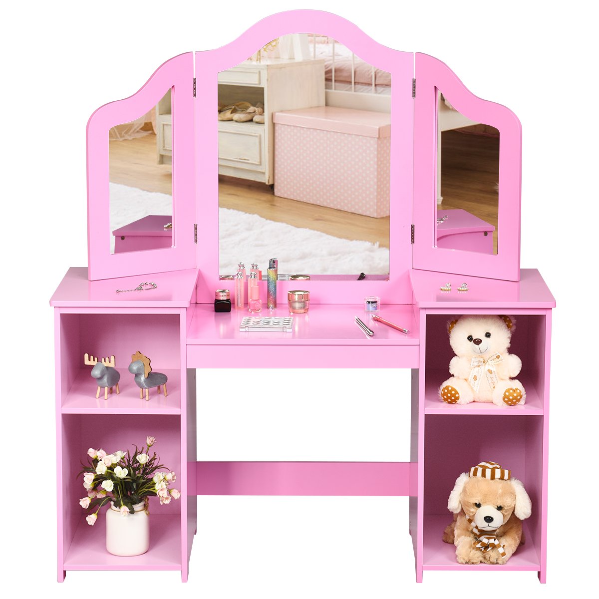 Kids Dressing Table with Foldable and Removable Mirror and Storage Shelf-Pink