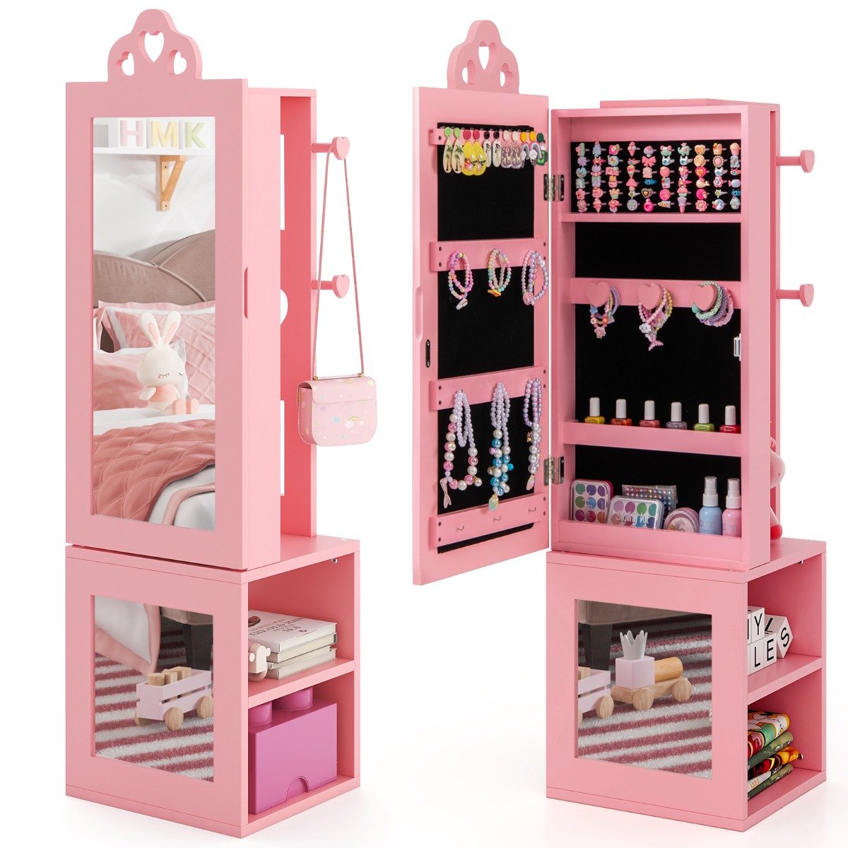 Kids Jewelry Armoire Full Length Mirror with Coat Rack and Storage Shelves-Pink