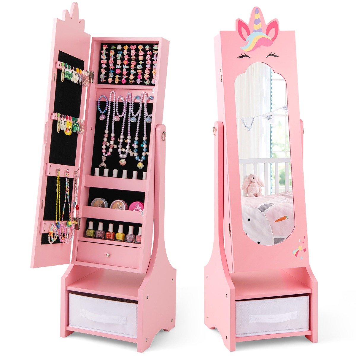 Kids Jewelry Cabinet with Full-Length Mirror and Foldable Drawer-Pink