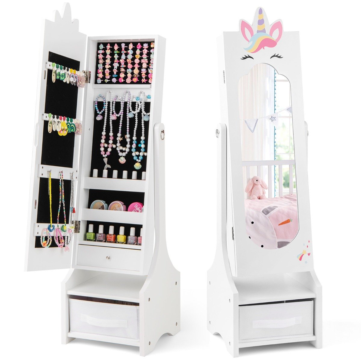 Kids Jewelry Cabinet with Full-Length Mirror and Foldable Drawer-White