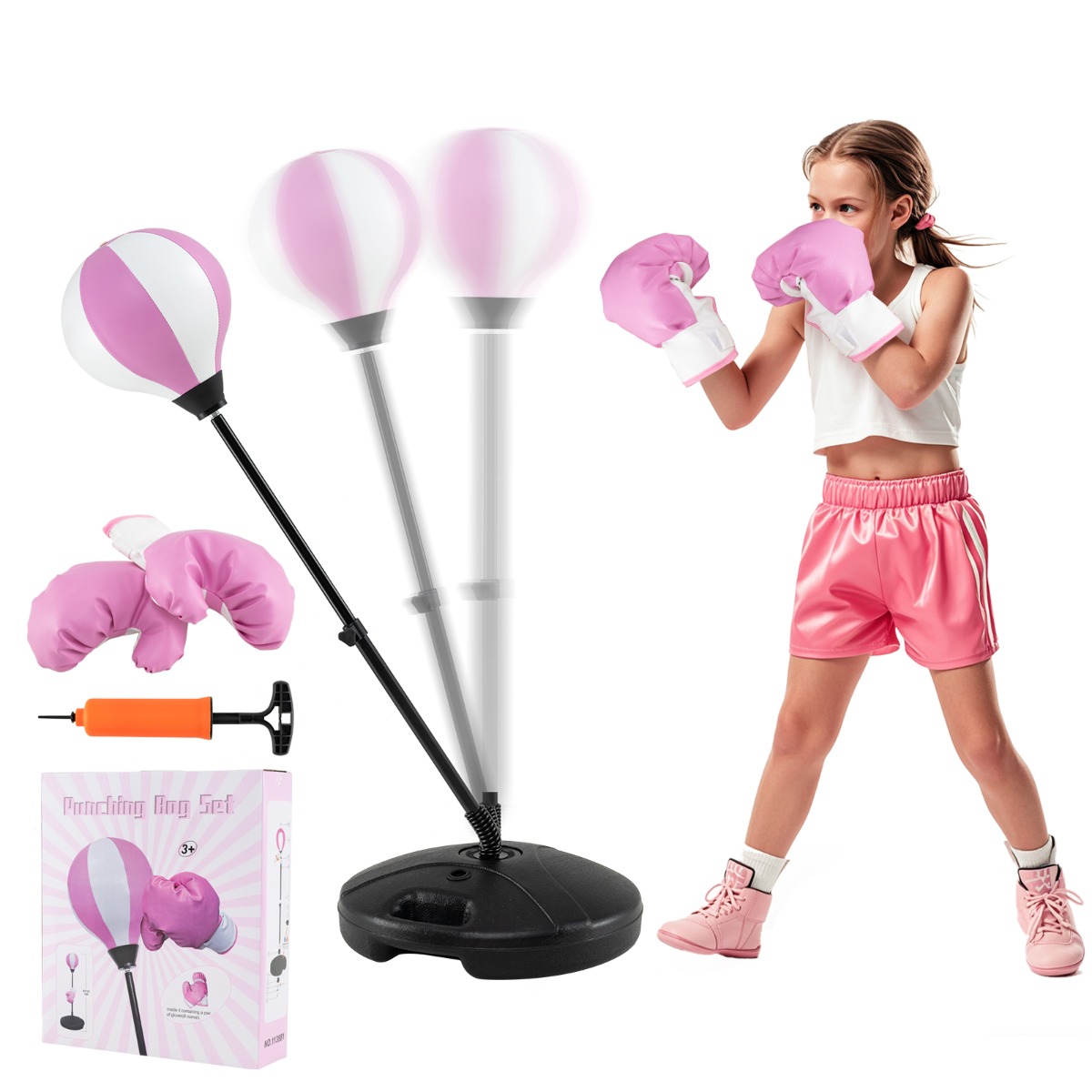 Kids Standing Punching Bag with Stand and Gloves-Pink and White