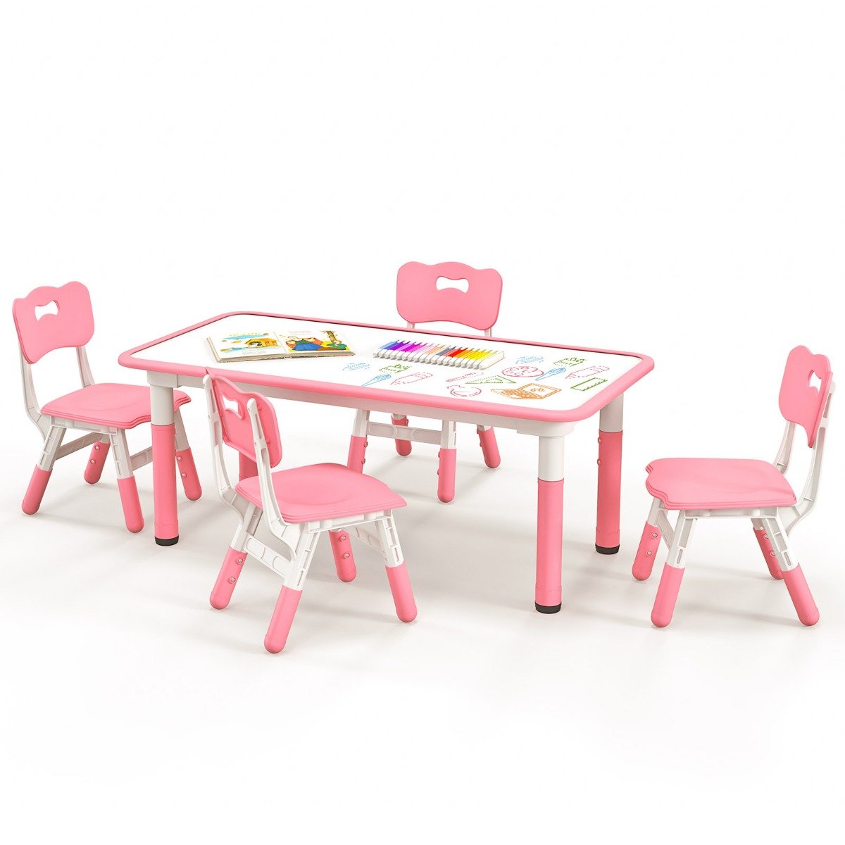 Kids Table and 4 Chairs Set with Graffiti Desktop for Home Daycare School-Pink